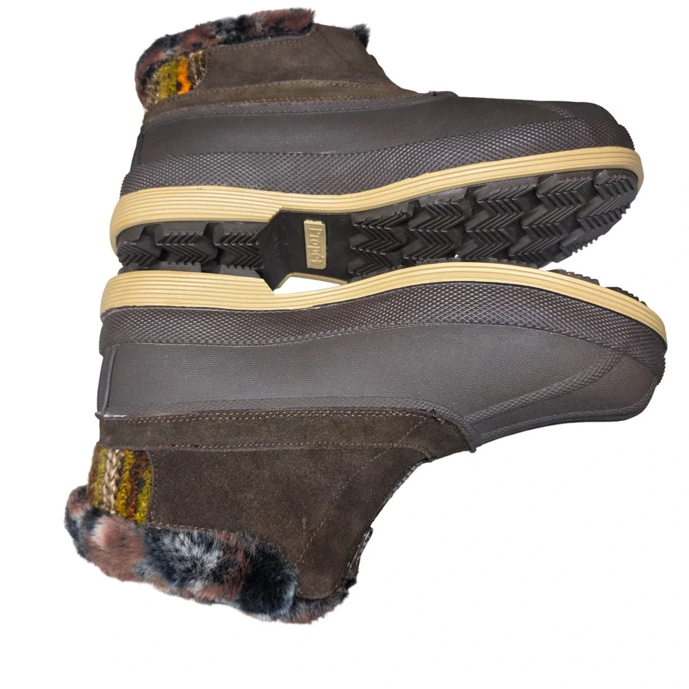 Propet Womens Duck Boots Brown Suede Faux Fur Trim Front Zip Winter Shoes Size 8